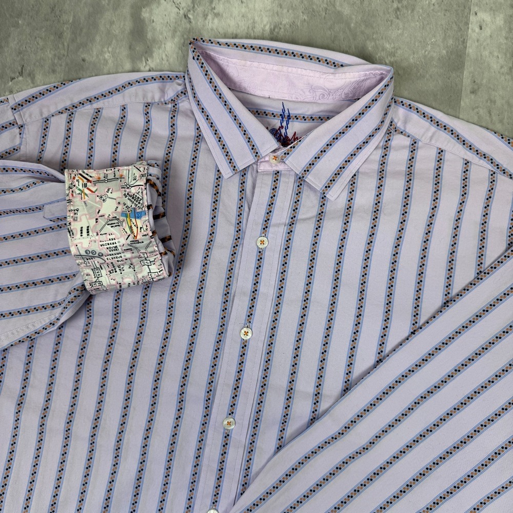 Robert Graham Shirt Mens 2XL Purple Striped Long Sleeve Japan Flip Cuff Subway